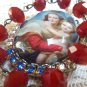 Large Rhinestone Glass Cameo Locket Prayer Petition Red Beads Virgin Mary Unique OOAK Catholic