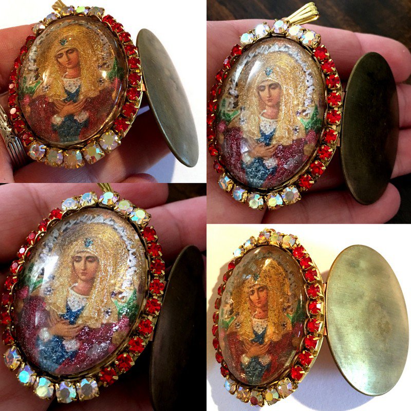 Large Virgin Mary Rhinestone Cameo Locket Prayer Petition Pendant Catholic Jewelry OOAK