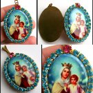 Large Pink Blue Rhinestone Porcelain Cameo Locket Madonna Jesus Virgin Mary Pendant Catholic Jewelry