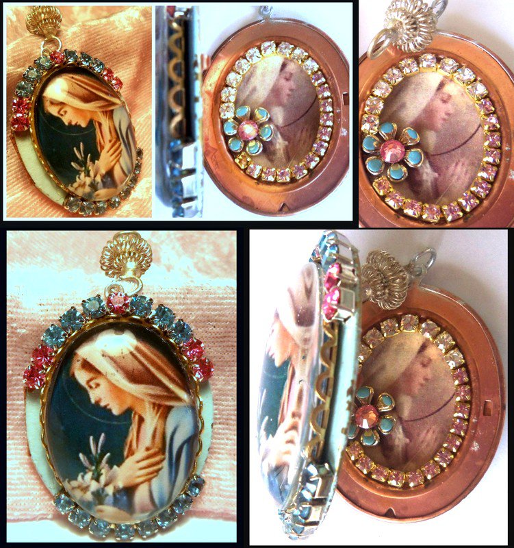 Large Rhinestone Cameo Locket Blessed Mother Virgin Mary Shrine Pendant Catholic Prayer Jewelry OOAK