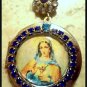 Blue Rhinestone Shrine Cameo Locket Virgin Mary Immaculate Pendant Prayer Petition Catholic Jewelry