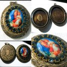 Large Rhinestone Locket Porcelain Cameo Madonna and Child Virgin Mary Jesus Catholic Prayer Pendant