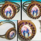 Purple Rhinestone Porcelain Cameo Cuff Bracelet Our Lady of Grace Virgin Mary Catholic Jewelry