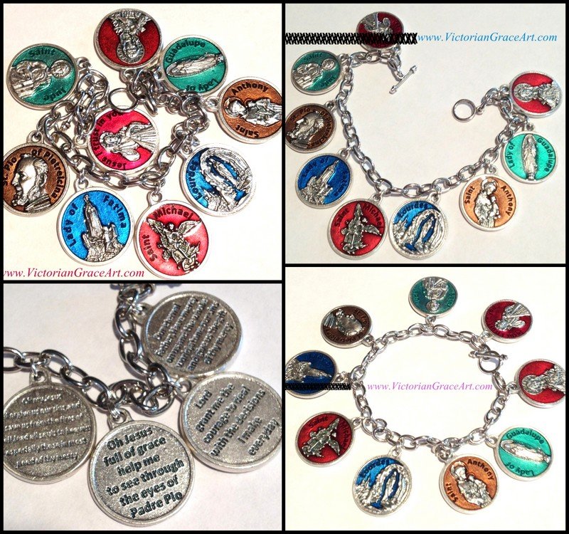 Catholic Enamel Charm Bracelet 9 Medals Divine Mercy, St. Jude, St. Anthony Padre Pio, Virgin Mary,