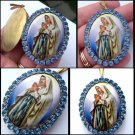 Large Our Lady of Lourdes Porcelain Cameo Blue Rhinestone Locket  Virgin Mary Pendant Prayer Box