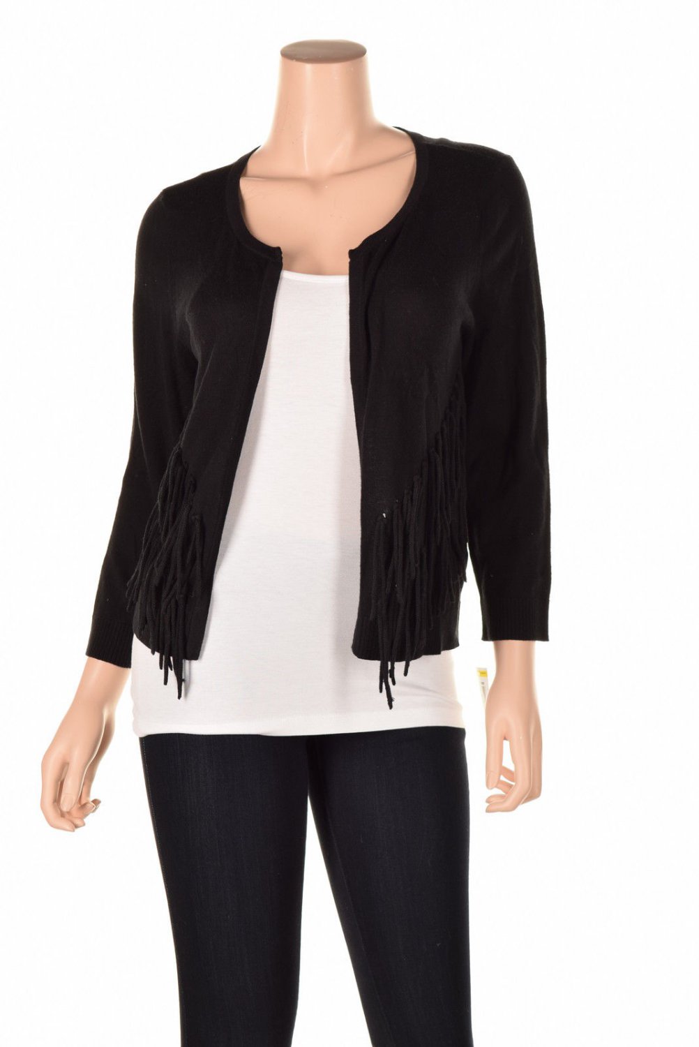 Inc International Concepts Fringed Cardigan Deep Black L Size Womens Clothing 0297