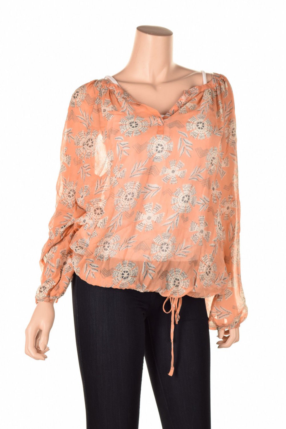 new Lucky Brand Jeans Long Sleeve Sheer Printed Peas Coral Multi Xl ...