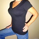 Hillard and Hanson sexy womens black studded Vneck sweater shirt top Medium