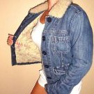 Abercrombie & Fitch womens denim solid jean jacket coat fur collar Blue vintage