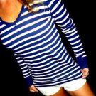 SO Designer blue white pinstripe jersey knit womens crew sexy shirt top Large