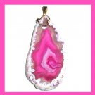 100ct Hot Pink & White AGATE Pear Shape Gemstone 10k Yellow Gold Pendant