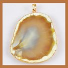 18K Yellow Gold 14ct Round Slice of Brown White Gray AGATE Gemstone Pendant