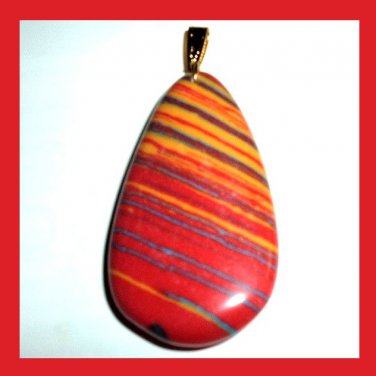 85ct Orange Red RAINBOW AGATE Teardrop Gemstone 10K Yellow Gold Pendant
