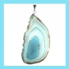 123ct White & Blue AGATE Slice Freeform Gemstone 925 Sterling Silver Pendant