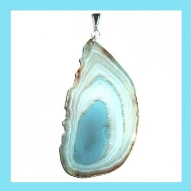 123ct White & Blue AGATE Slice Freeform Gemstone 925 Sterling Silver Pendant