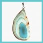 123ct White & Blue AGATE Slice Freeform Gemstone 925 Sterling Silver Pendant