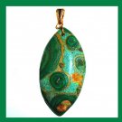 66ct Green OCEAN JASPER Football Shaped Marquise Gemstone 10k Yellow Gold Pendant
