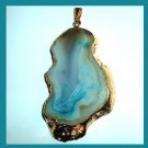 18K Yellow Gold Wrapped 134ct Blue Agate Freeform Slice Gemstone Pendant