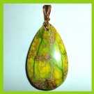 55ct Yellow Green JASPER & PYRITE Teardrop Pear Cut Gemstone 10k Yellow Gold Pendant