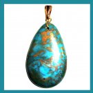 70ct Teal Blue JASPER & PYRITE Teardrop Shaped Gemstone 10K Yellow Gold Pendant
