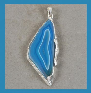 70ct Blue Agate Slice Freeform Silver Plated Pendant