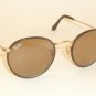 RAY BAN Round Metal Matte Gold Brown Leather RB 3475Q 112/53 Brown Lens 50mm