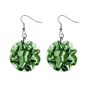 Christmas Green Bow Dangle Earrings Jewelry 1 inch Buttons 12456982