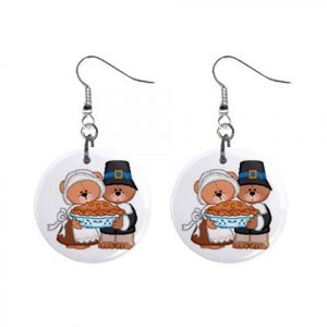 Thanksgiving Bears Dangle Button Earrings Jewelry 1 inch Round 12894134