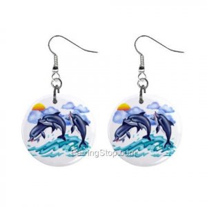 Three Dolphins Dangle Button Earrings Jewelry 1 inch Round 12734942