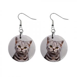 New Tabby Cat Kitten 1" Round Button Dangle Earrings Jewelry 13081449