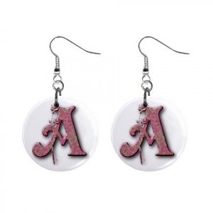 Rose Design Monogram Initial 1" Round Button Dangle Earrings Jewelry