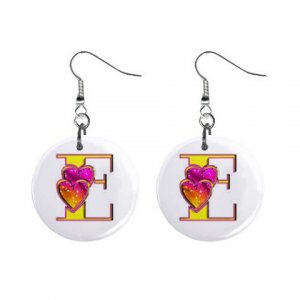 2 Hearts Design Monogram Initial 1" Round Button Dangle Earrings Jewelry