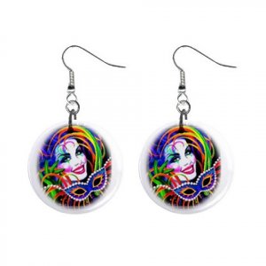 MARDI GRAS Jester 1" Round Dangle Button Earrings NEW 13534589