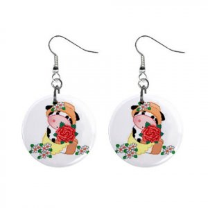 Cow with Flowers Dangle Button Earrings Jewelry 1 inch Round 13688961