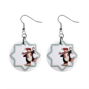 Skating Penquin Christmas Dangle Earrings Jewelry 1 inch Buttons 13092654