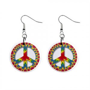 Peace Sign Art Dangle Button Earrings Jewelry 1 inch Round 14881796