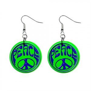 Green & Blue Peace Sign Dangle Button Earrings Jewelry 1 inch Round 14881813
