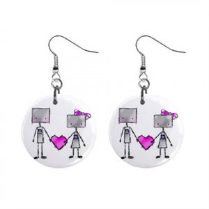 Robot Couple Love Dangle Button Earrings Jewelry 1 inch Round 12289385