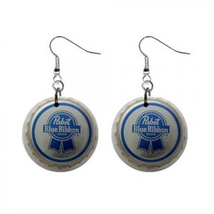 Pabst Blue Ribbon Bottle Cap Dangle Button Earrings Jewelry 1 inch Round 16452842