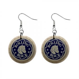 Rolling Rock Beer Bottle Cap Dangle Button Earrings Jewelry 1 inch Round 16452836