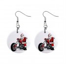 Santa on a Hog Motorcycle Christmas Dangle Button Earrings Jewelry 1 inch Round 13092967