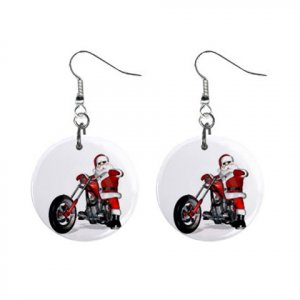 Santa on a Hog Motorcycle Christmas Dangle Button Earrings Jewelry 1 inch Round 13092967