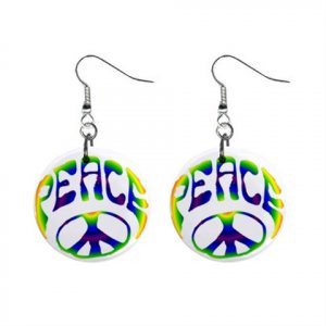 Green Blue Yellow Peace Sign Dangle Button Earrings Jewelry 1 inch Round 14421341
