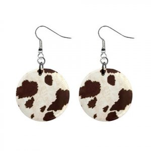 Brown and White COW Pattern Dangle Button Earrings Jewelry 1 inch Round 13597244