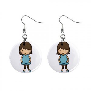 Brunette Pregnant Mom Baby Shower Gift Dangle Button Earrings Jewelry 1 inch Round 20119831