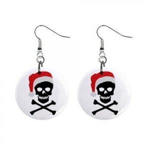 New Santa Skull Crossbones Goth Dangle Button Earrings Jewelry 1" Round 17113218