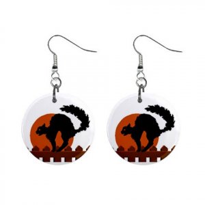 Black Cat on Fence Halloween Dangle Earrings Jewelry 1 inch Buttons 16544379