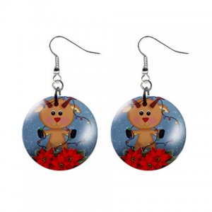 Reindeer Snowglobe 1" Round Button Dangle Earrings Jewelry 29986953 reindeer-snowglobe