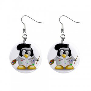 Cartoon Artist Penguin Dangle Button Earrings Jewelry 1 inch Round 30607374