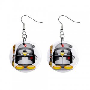Cartoon Snow skiing Penguin Dangle Button Earrings Jewelry 1 inch Round 30607371